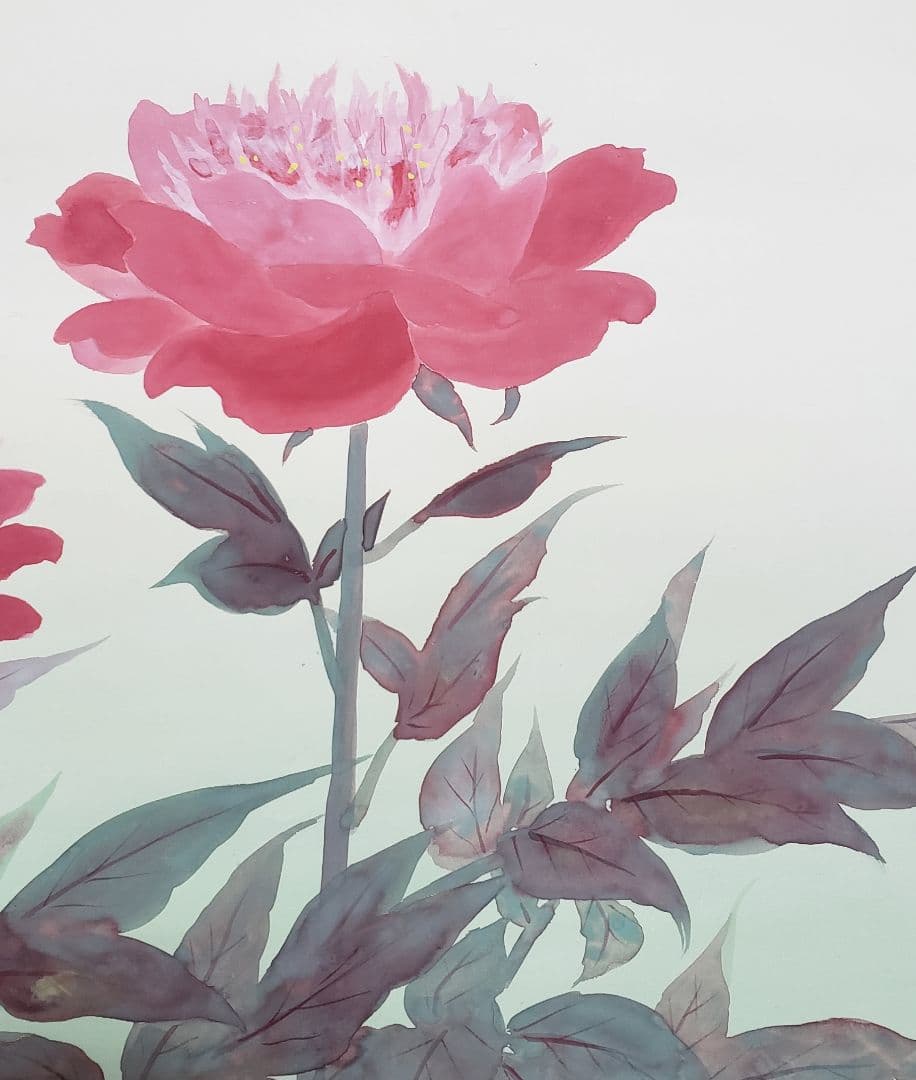 【芍薬図】北上聖牛 2583 シャクヤク 太巻き仕立 二重箱　掛け軸　肉筆