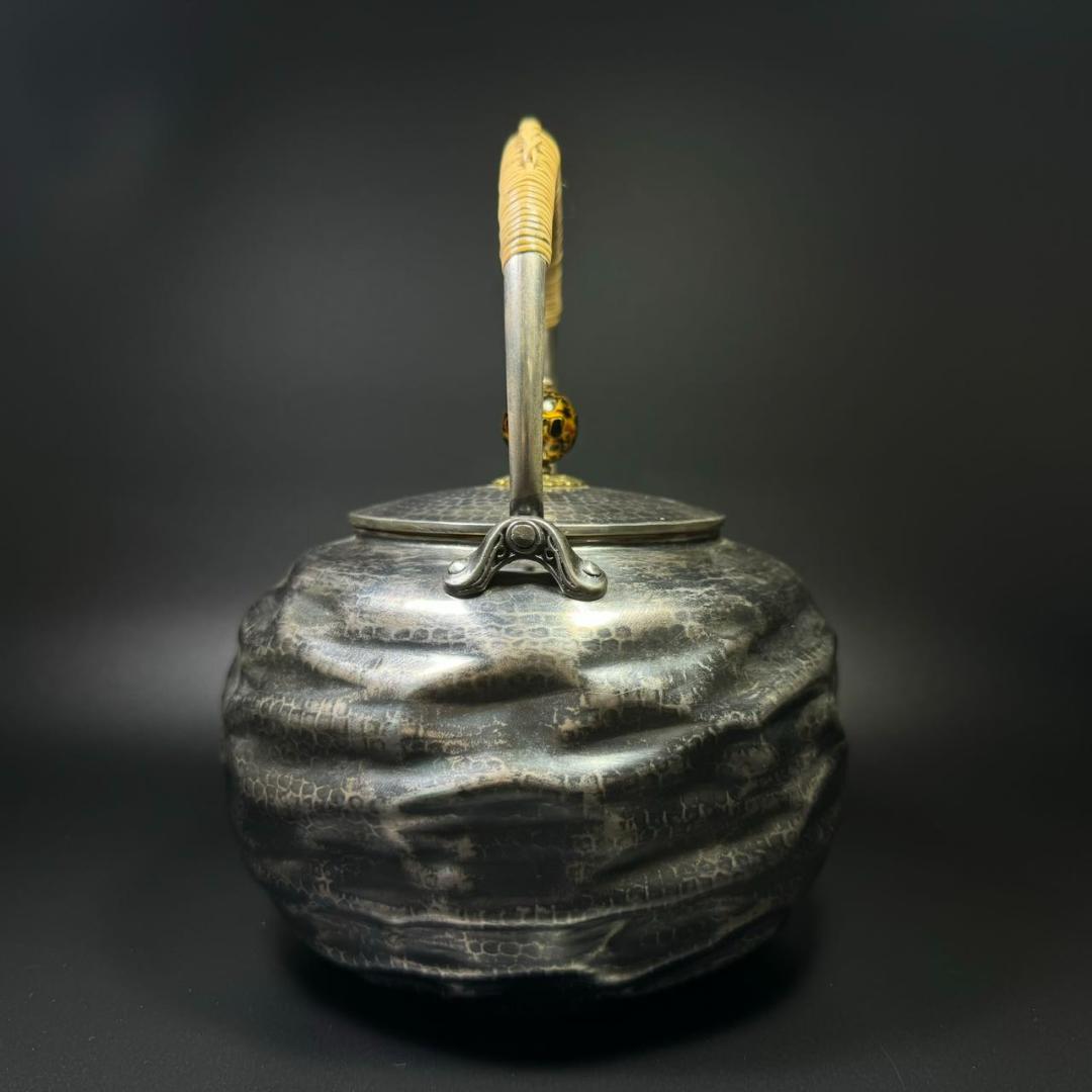 純銀製 金壽堂造 槌目 湯沸 古美術品 銀瓶 煎茶道具 箱付 純銀保証
