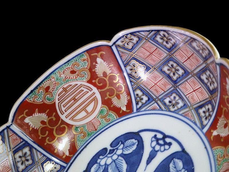 大聖寺伊万里　寿に金唐草　中陰菱に花菱紋の図　大振膾皿　B340AS-CVc