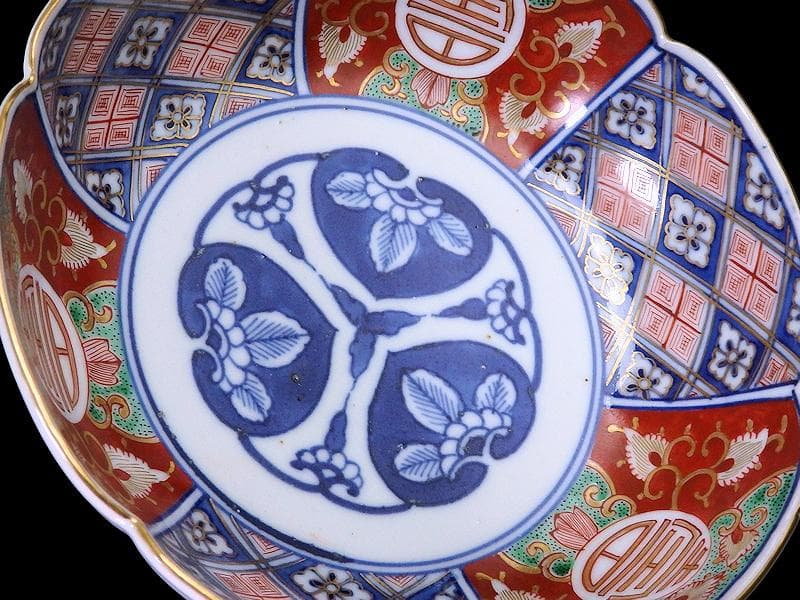 大聖寺伊万里　寿に金唐草　中陰菱に花菱紋の図　大振膾皿　B340AS-CVc