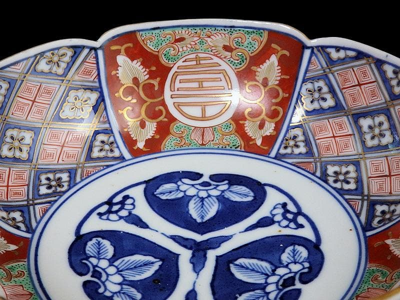 大聖寺伊万里　寿に金唐草　中陰菱に花菱紋の図　大振膾皿　B340AS-CVc