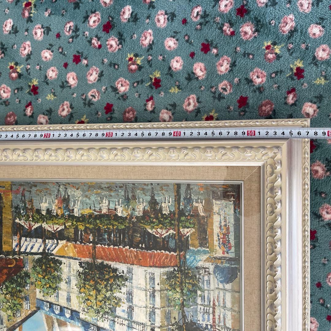 フランス　パリ　カフェ　街並みの風景　手書き油絵 額縁付き