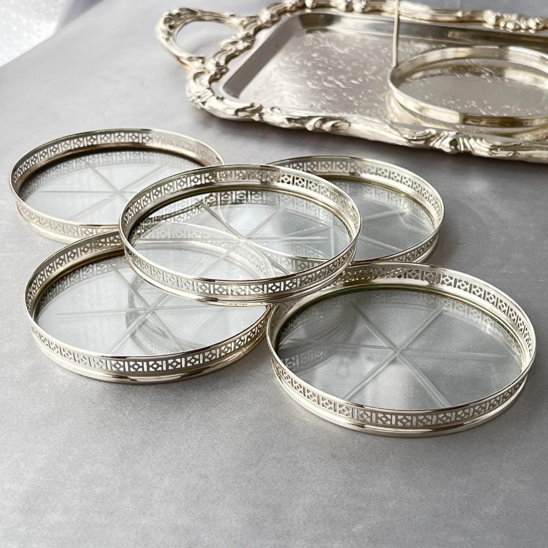 【Webster】【純銀/ガラス】透かしのコースター 5枚 スターリング