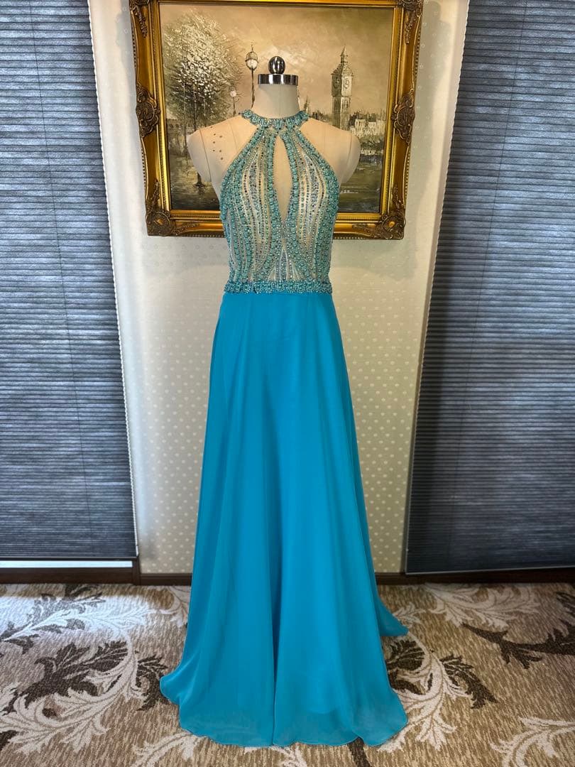 未使用傷あり☆水色ビーズ装飾ロングドレス