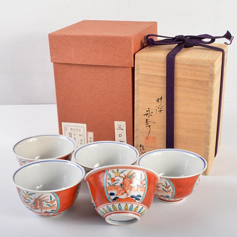 九谷焼　味渓窯　矢口永寿造　赤絵　花鳥文　汲出茶碗　五客　共箱　M　R5223