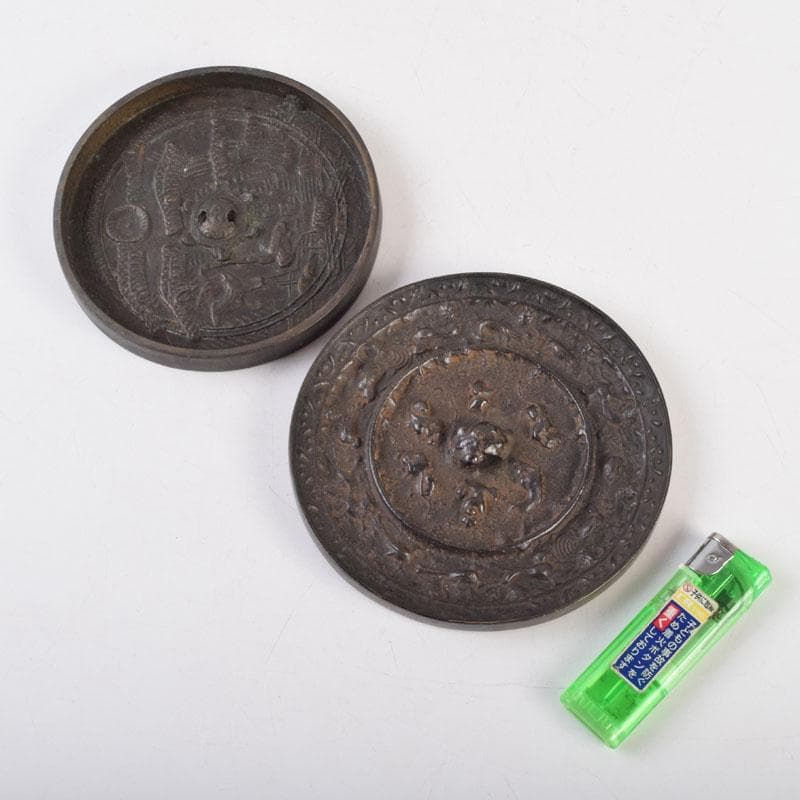 中国　古銅　銅鏡　古鏡　紙鎮　文鎮　2点　C　9214