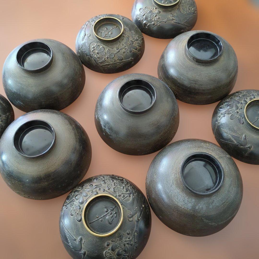 今ちゃん　骨董　お椀　会津塗　鉄錆塗り螺鈿　10つ