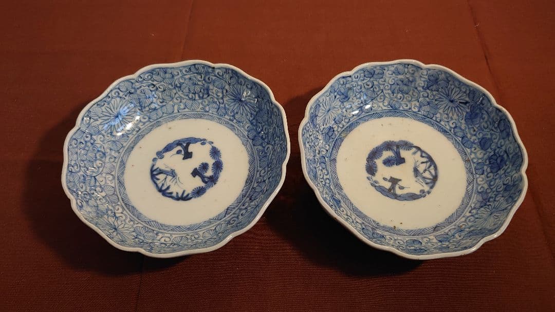 古伊万里　蛸唐草　微塵唐草　染付　成化年製　アンティーク古伊万里　江戸期　2客