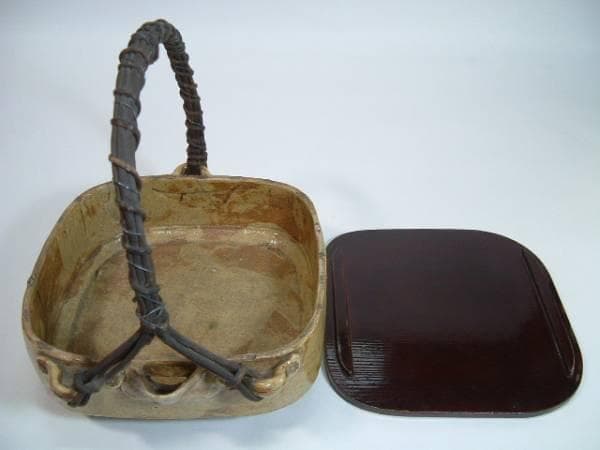 菓子鉢■古い手持ち菓子器 片口 布目 二代 弘法 七十 造之 三つ足 時代骨董■