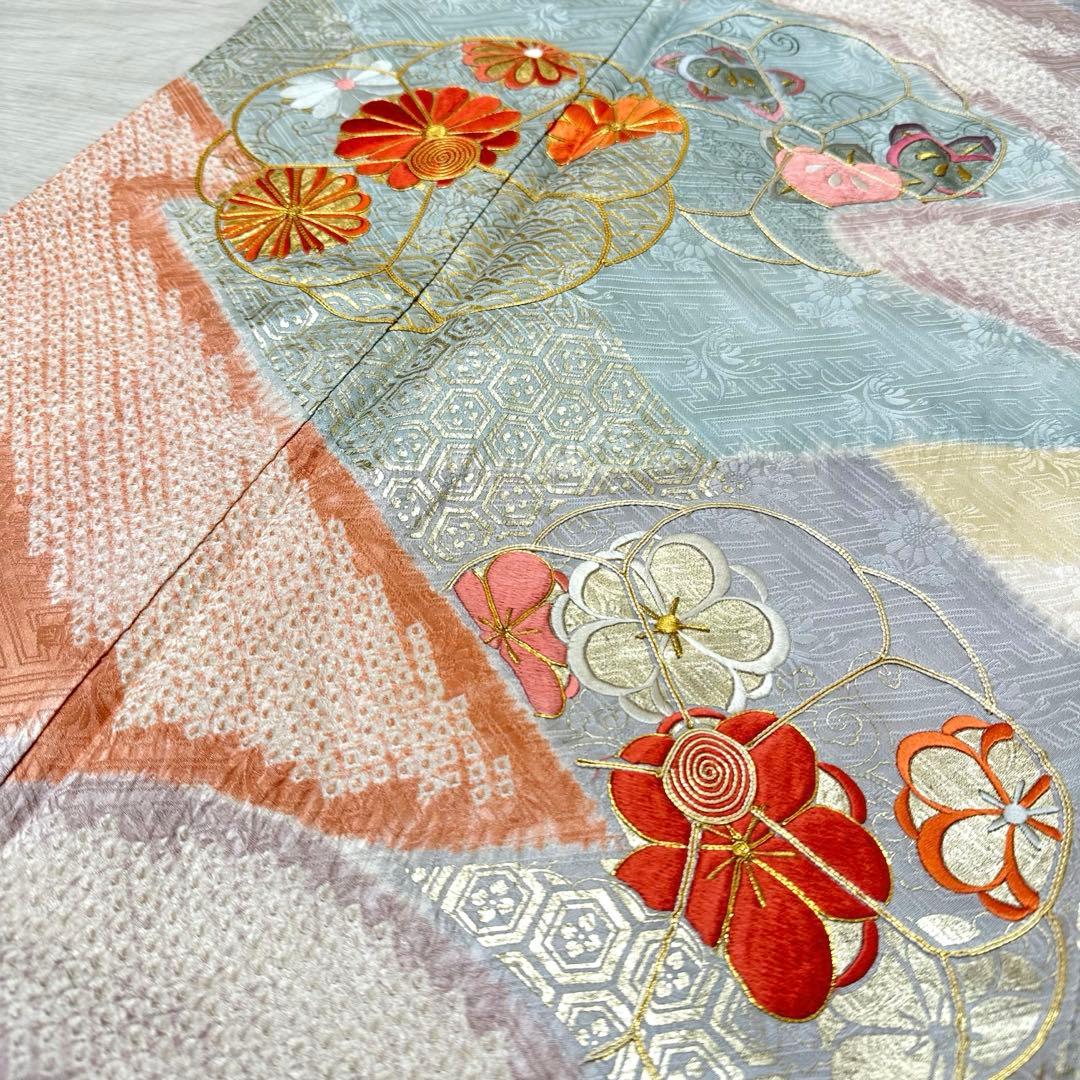 y*☆様 振袖 裄66 美しい刺繍に絞り 金駒刺繍 着物 正絹 広衿 RK-61