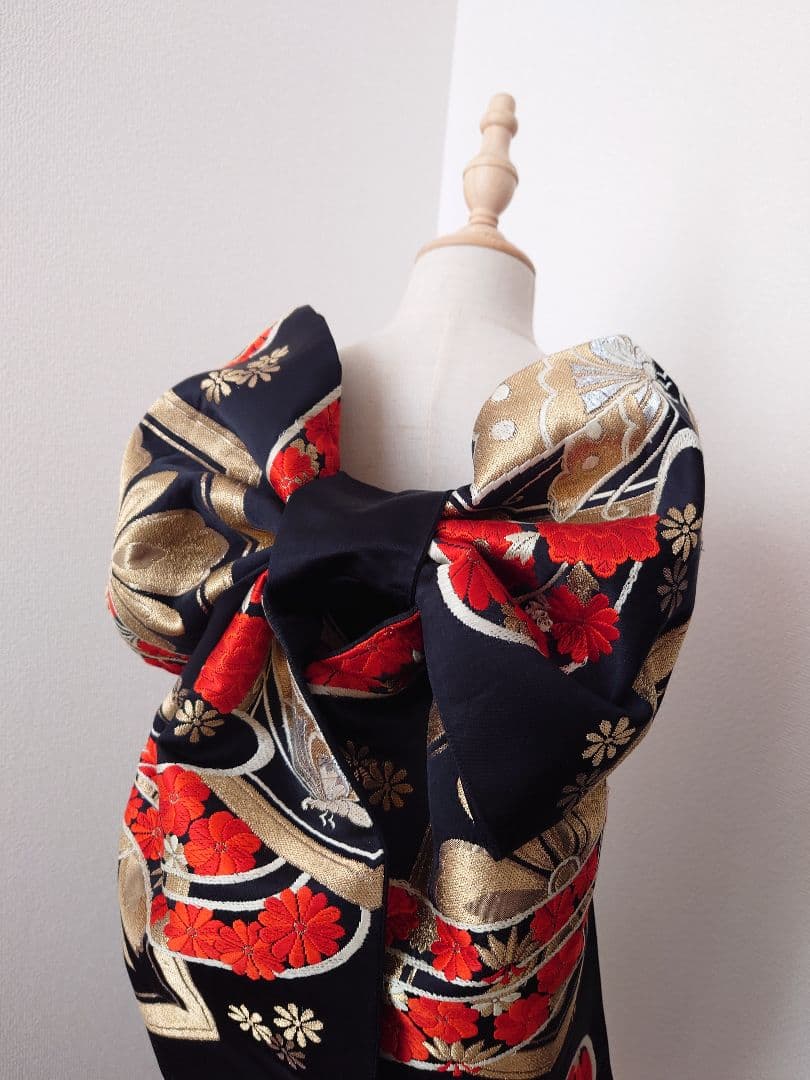 七五三　ジュニア帯　大人用正絹袋帯からの作り帯　1点物　だらり帯　蝶柄　黒