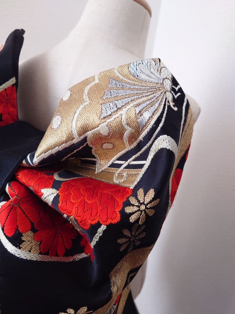 七五三　ジュニア帯　大人用正絹袋帯からの作り帯　1点物　だらり帯　蝶柄　黒