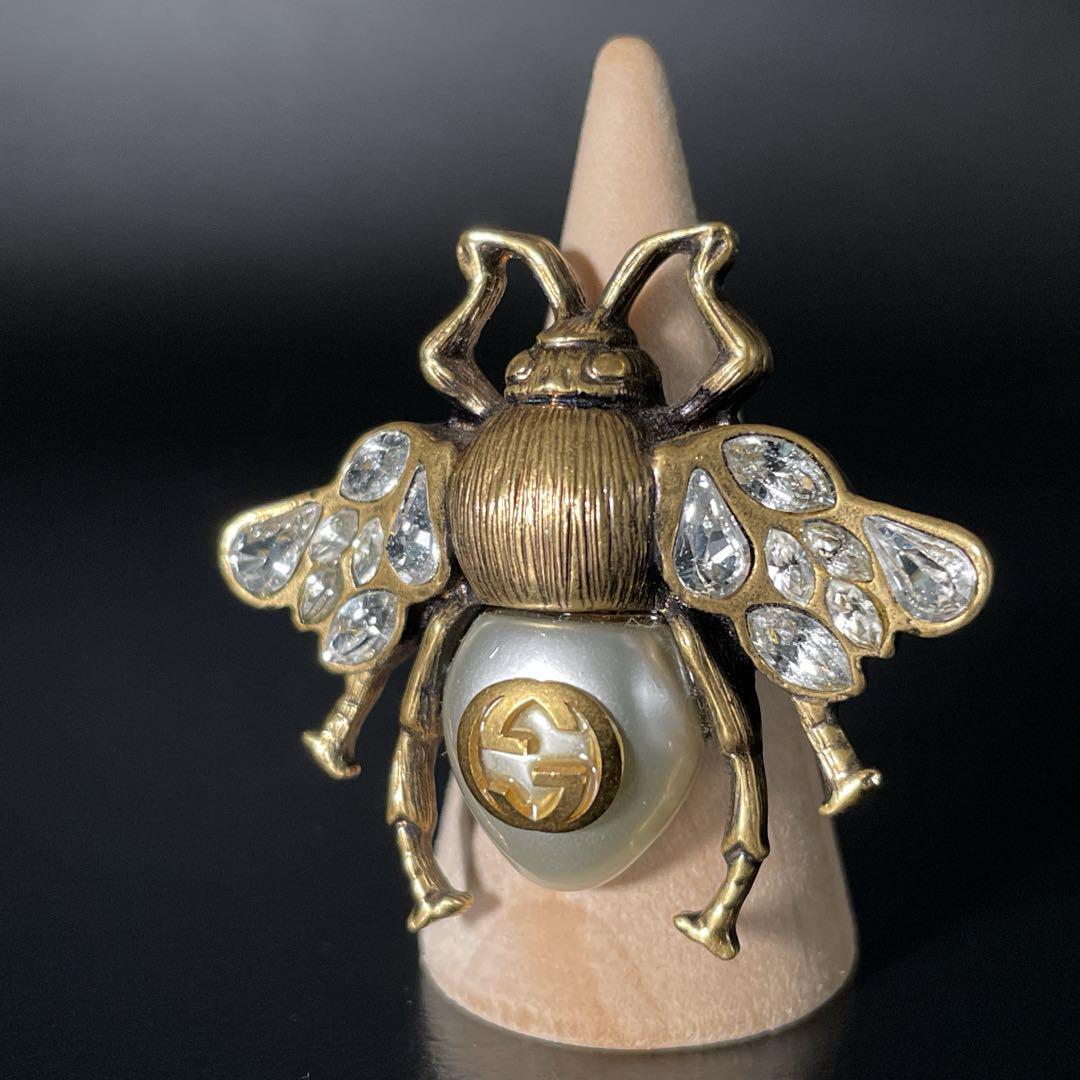 良品　グッチ リング インターロッキング 蜂 ビー パール ストーン 9号　指輪