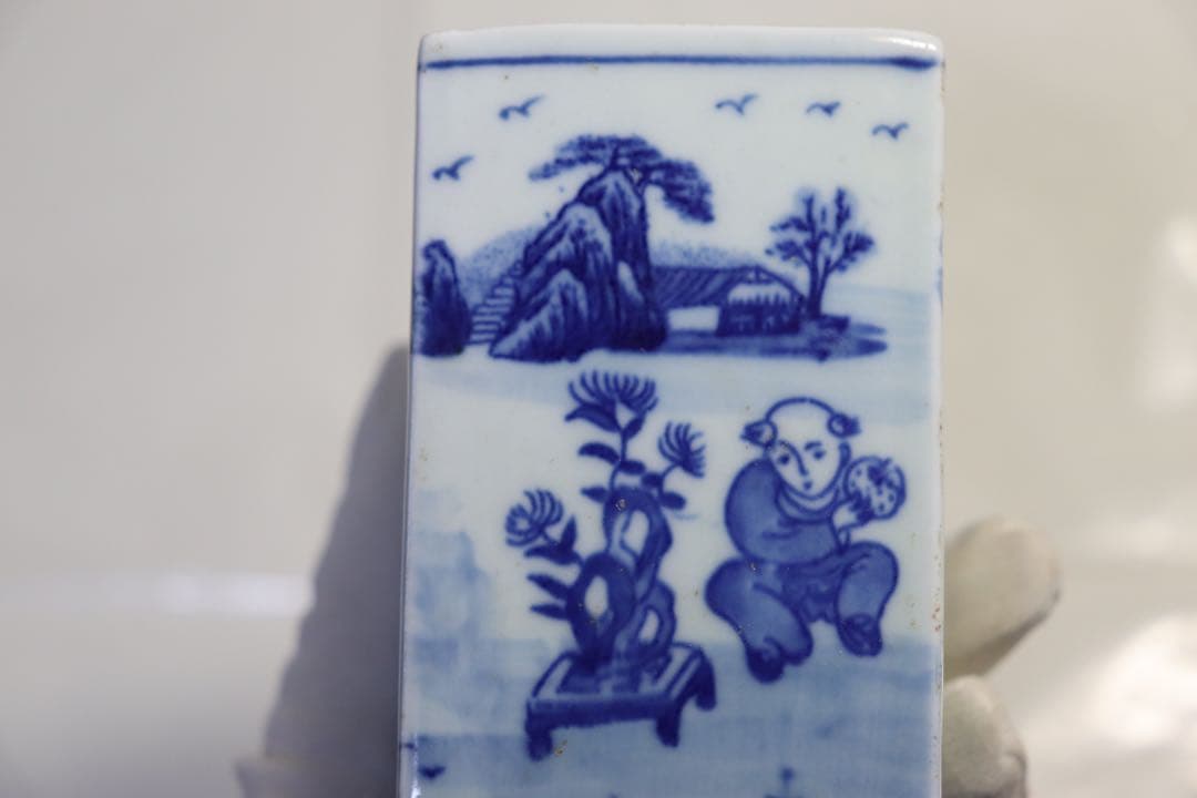 中国　光緒年製　唐子紋染付筆筒　送料込み1219