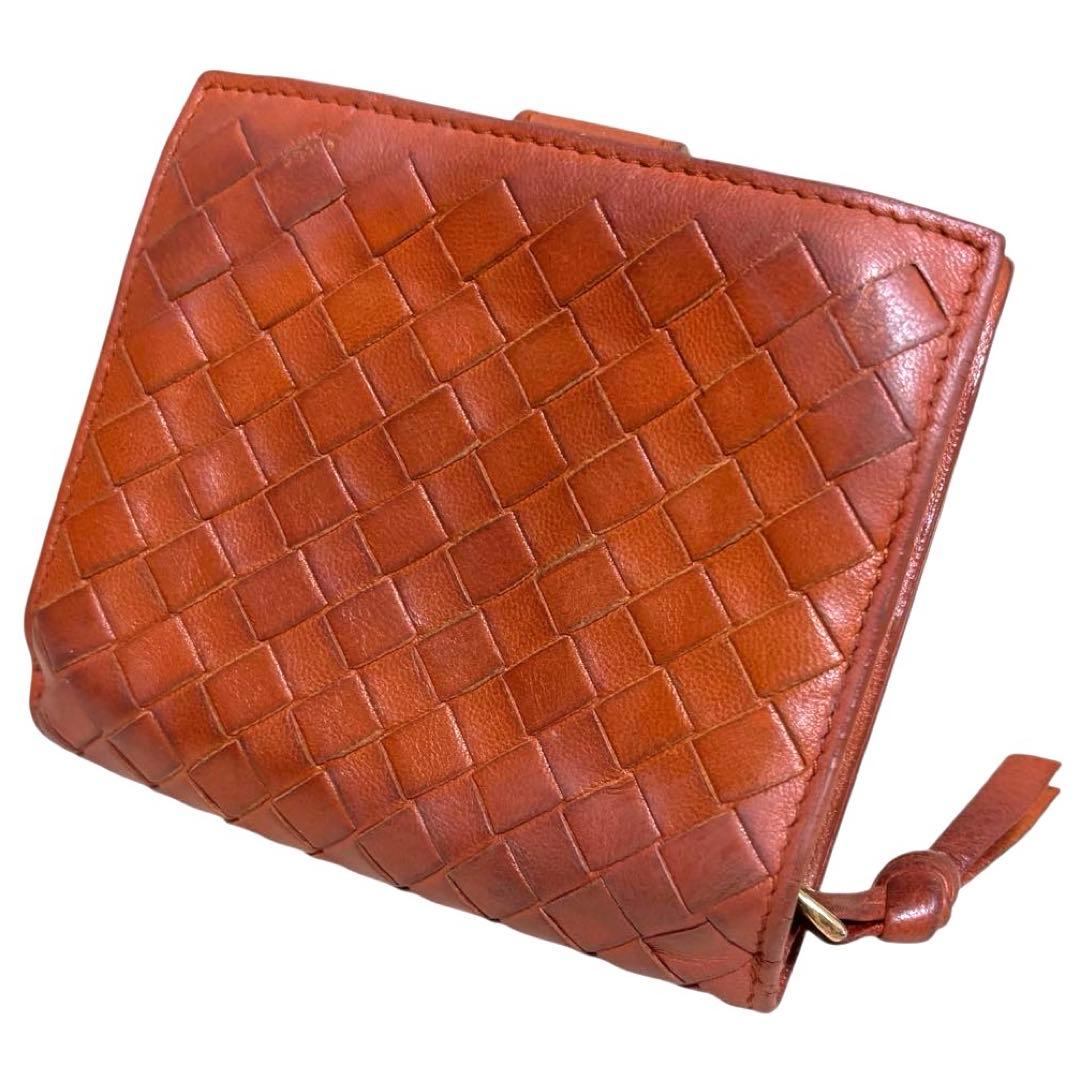 人気　ボッテガヴェネタ　折り財布　オレンジ　イントレチャート　ラウンドファスナー