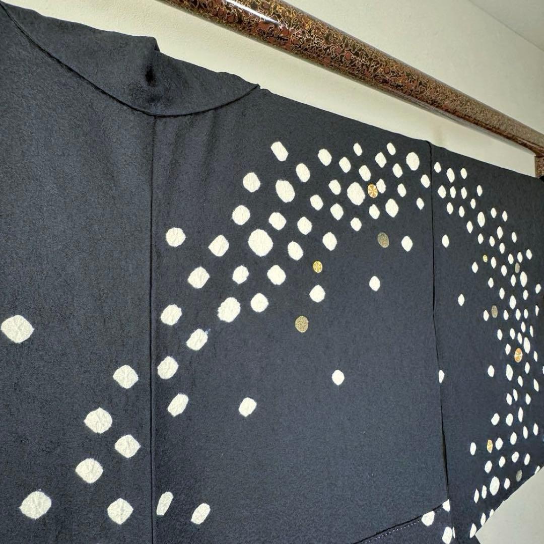 超美品　正絹　袷　訪問着　着物　164裄68 黒　絞り　小玉　金刺繍　トール