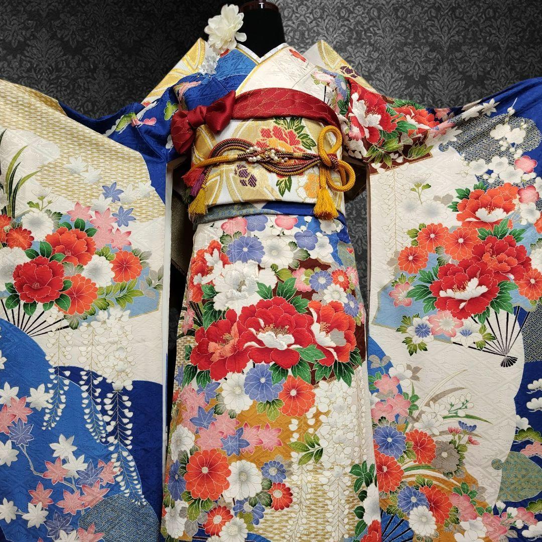 振袖フルセット(7点)・成人式・豪華牡丹刺繍・金彩加工・暈し染め・地紋・逸品