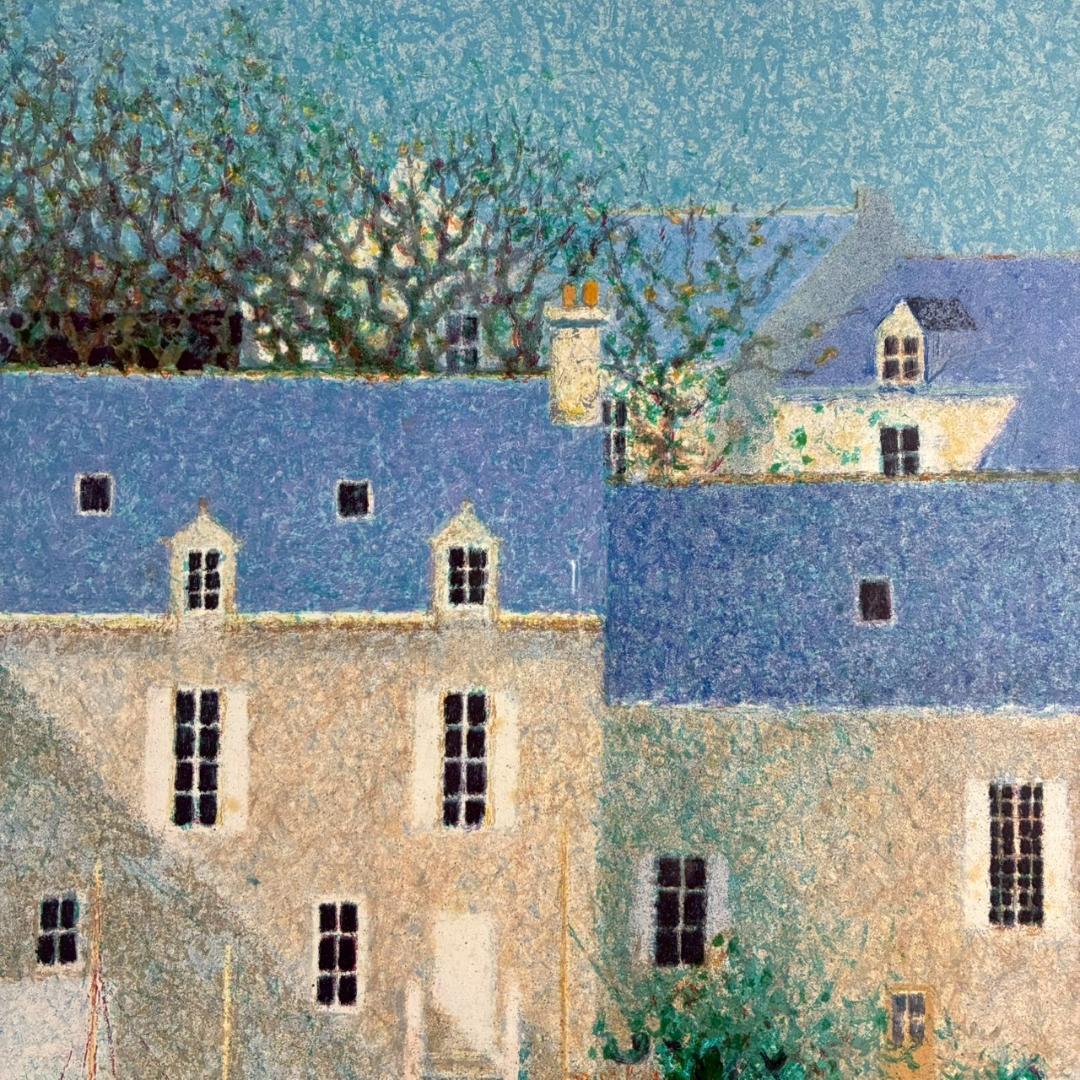 アンドレ・ブーリエ「ブルーの屋根」リトグラフ 直筆サイン入 点描画