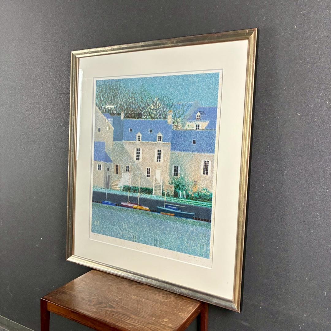 アンドレ・ブーリエ「ブルーの屋根」リトグラフ 直筆サイン入 点描画