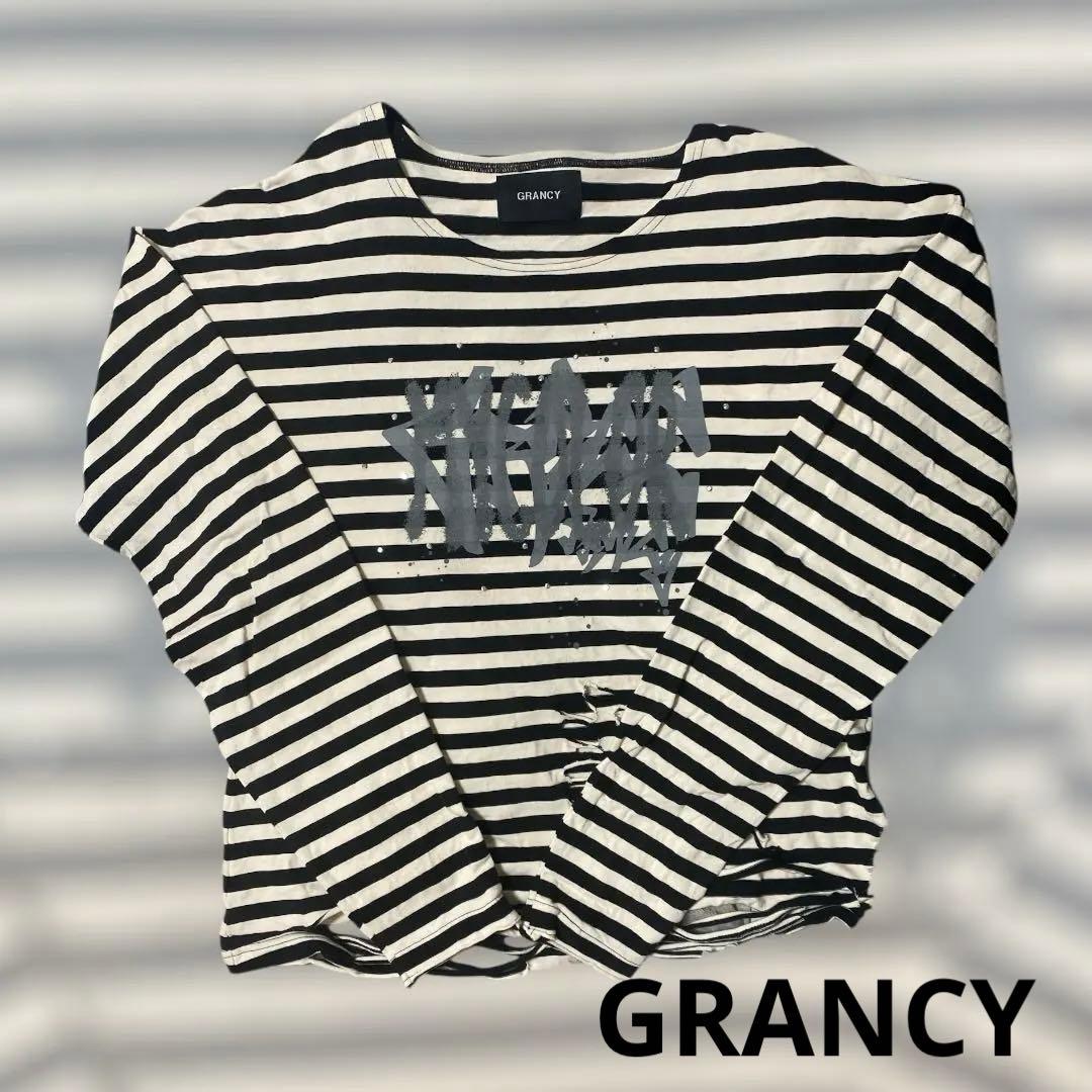 【GRANCY】総柄ラインストーングラフィックロンT ボーダー Mサイズ