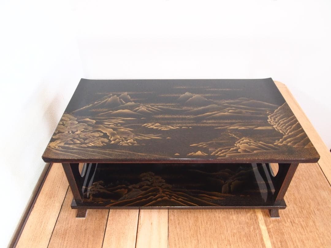 【骨董・時代の美品】大名道具 二段平卓 山水蒔絵 香炉台/盆栽台/飾り台/花台