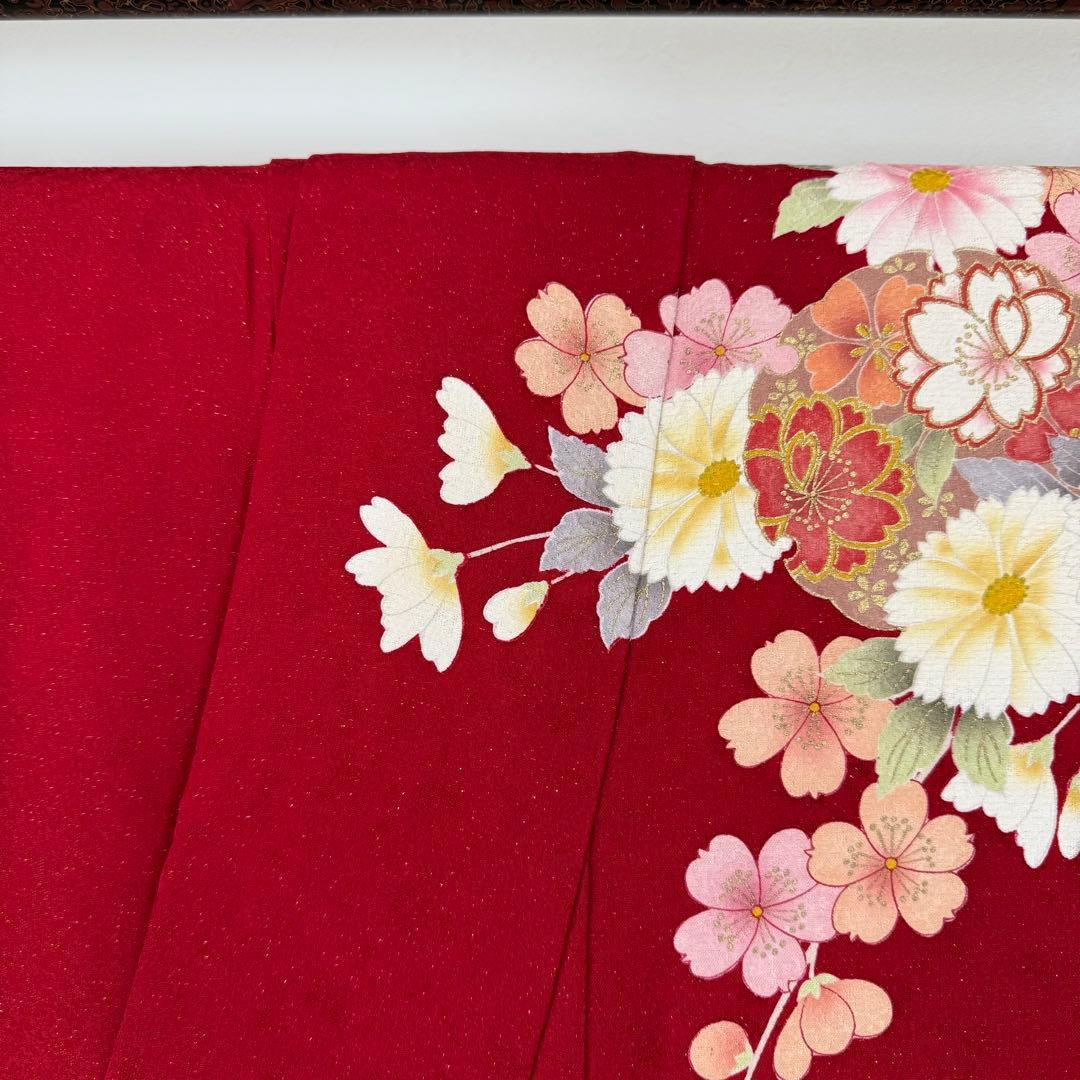 超美品　正絹　現代振袖　成人式　着物　162㎝　紅　赤　白　金糸　刺繍　花柄