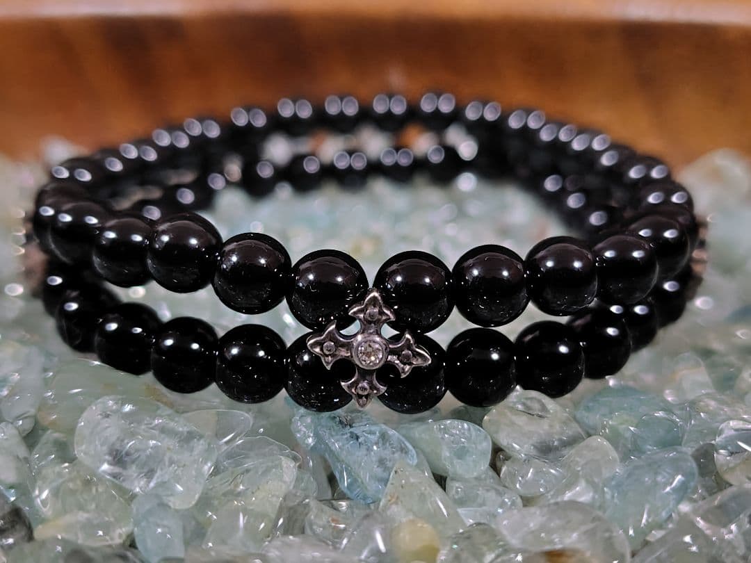 NEW本物 長渕剛さんオニキス2連s925ファンシークロスジルコ付きブレス/数珠