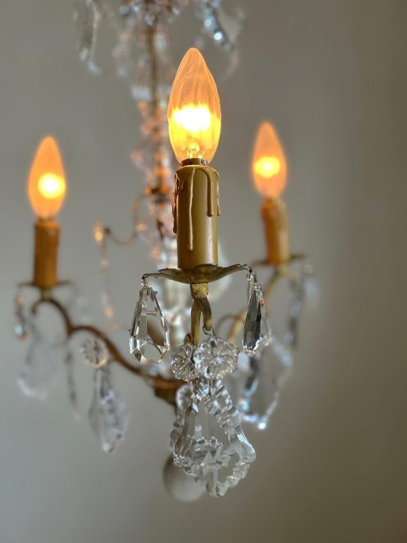 フランスアンティーク　シャンデリア　３灯　ガラスドロップ　シャビー　店舗什器