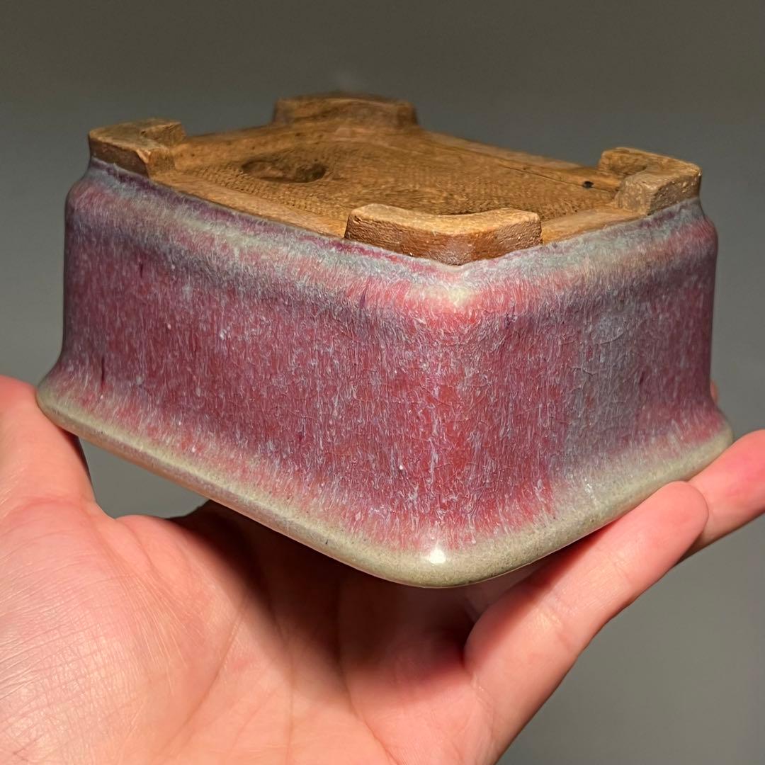 835.平安虹泉 紫釉抚角長方 盆栽鉢 植木鉢 11.7*9.7*5.7cm