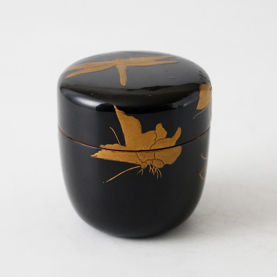 時代 輪島塗 木製 黒塗 棗 蜻蛉 蝶金蒔絵 勝虫 茶道具 漆器 漆芸