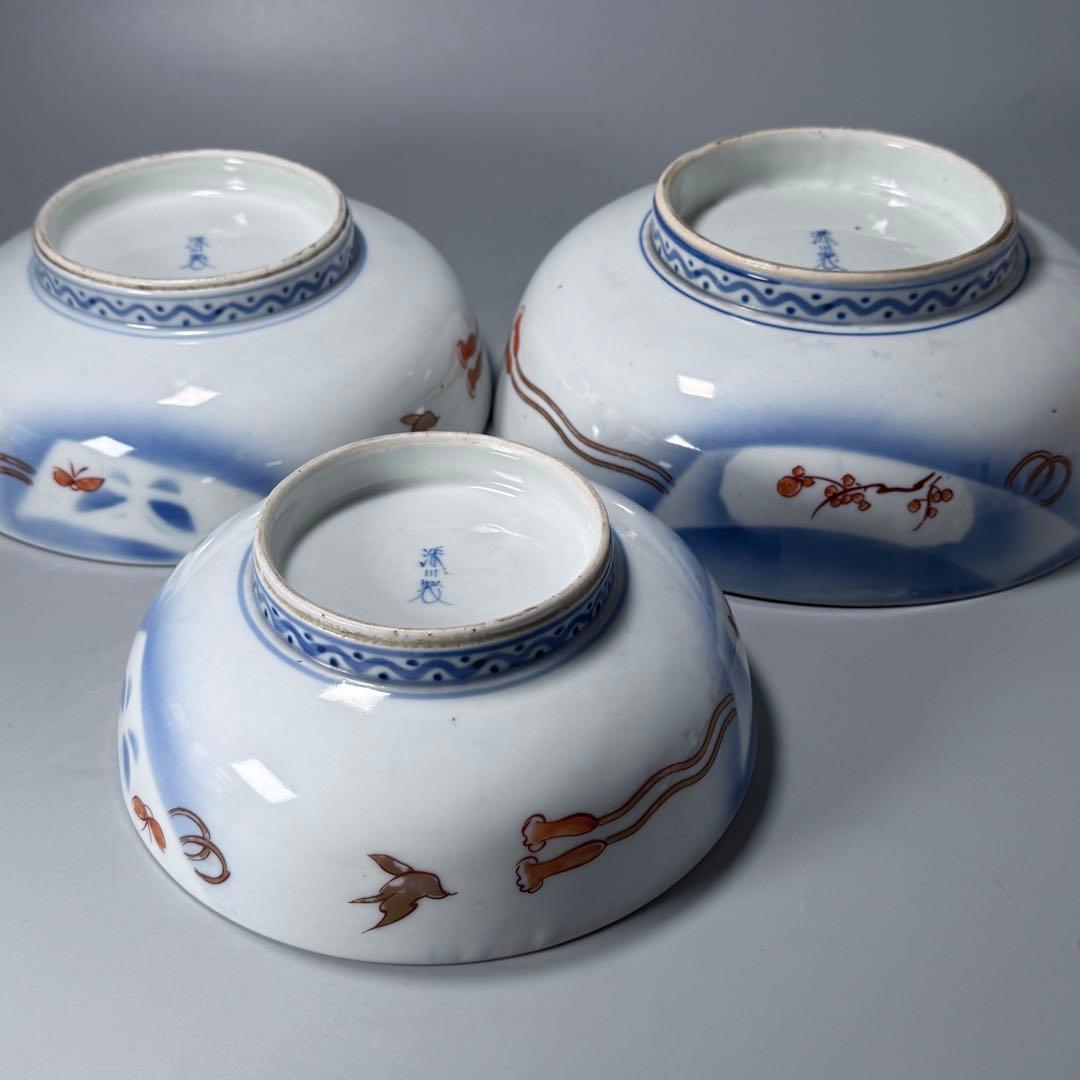 オールド深川製磁　明治時代　色絵菊文様三ツ鉢　深川ブルー　金彩　香蘭社