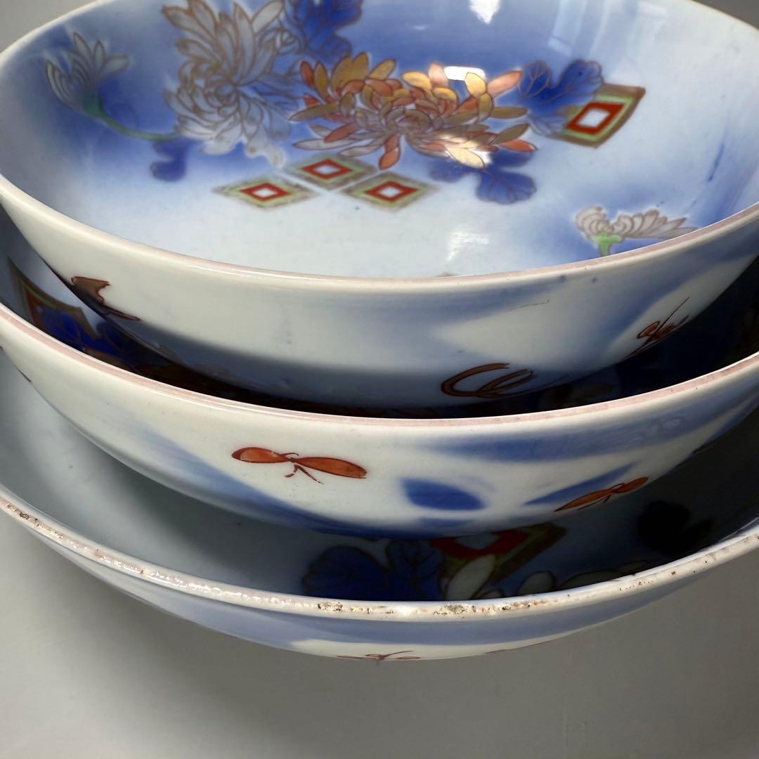 オールド深川製磁　明治時代　色絵菊文様三ツ鉢　深川ブルー　金彩　香蘭社