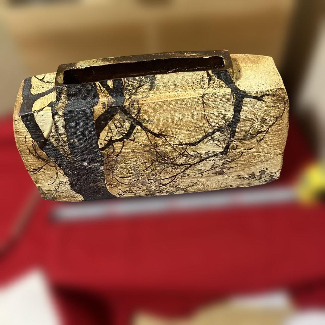 三宅洋司 先生大作　平成15年度陶芸展代表作品　抜絵金銀彩桜紋扁壺　共箱