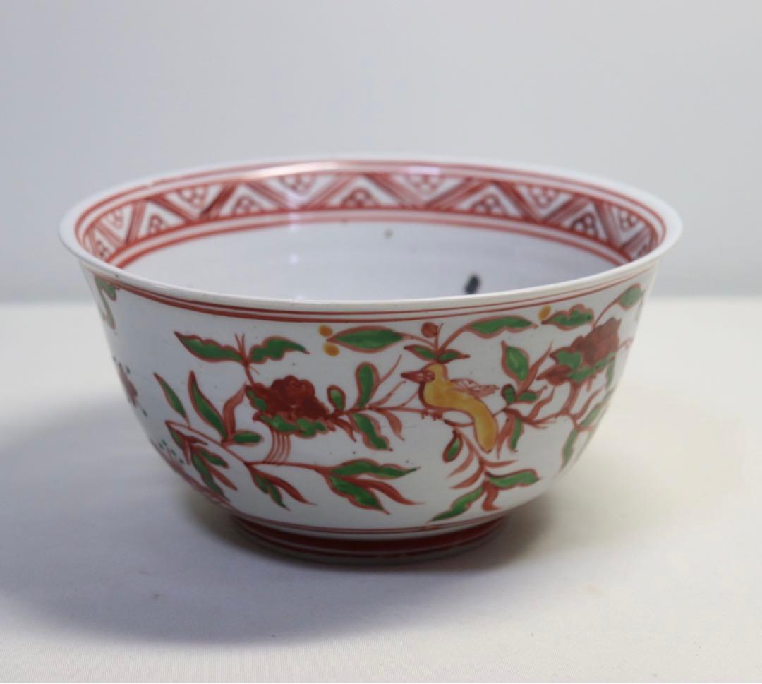 中国　紅緑彩花鳥紋碗　送料込み1025
