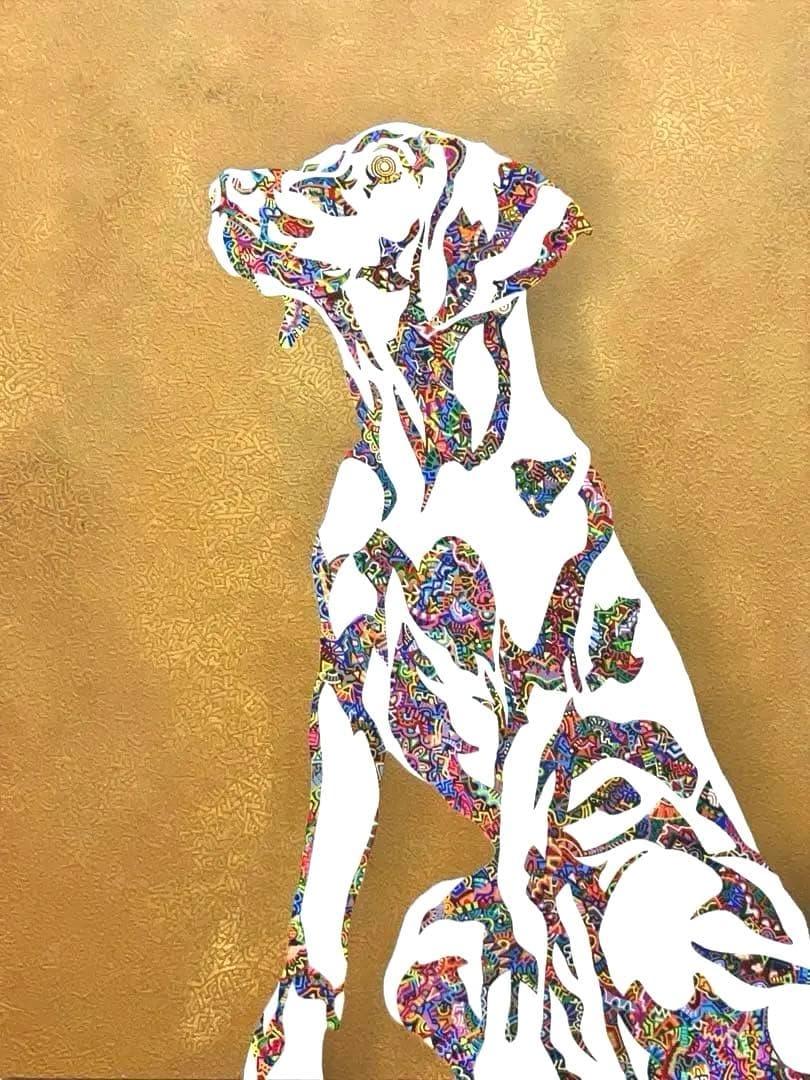 原画　犬　動物画　絵画　アクリル画　現代アート　細密画　手描き　一点物