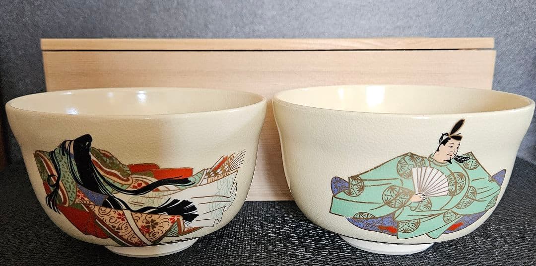京焼　清水焼　宮地英香　造　金彩色絵　歌仙　古今集　一双茶碗　共箱　茶道具　茶器