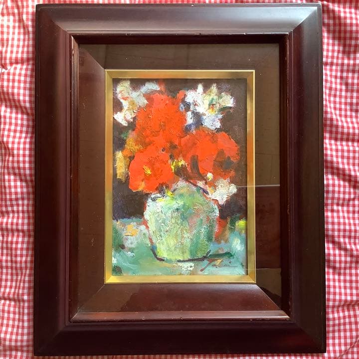 絵画 油絵 二科会 竹井英子 赤い花 額装 サイン