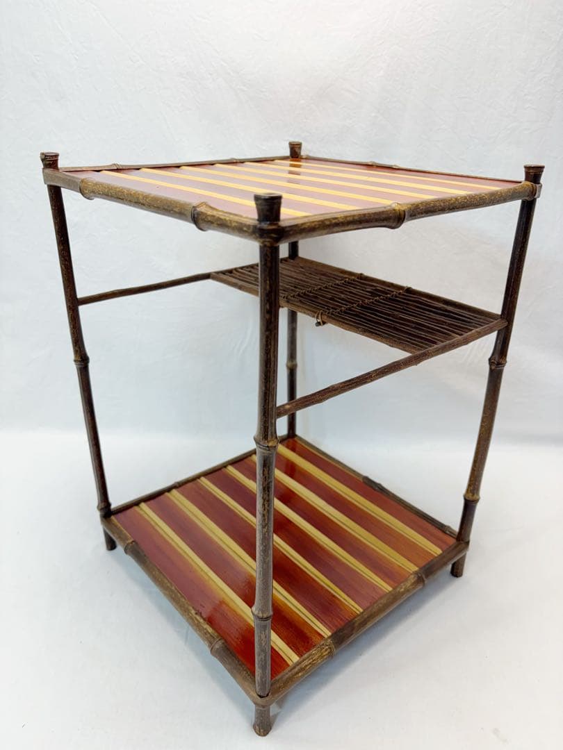 ほぼ未使用 茶道具 綾瀬棚 煎茶棚 黒竹柱 煎茶用二重棚 茶棚 小棚 竹工芸