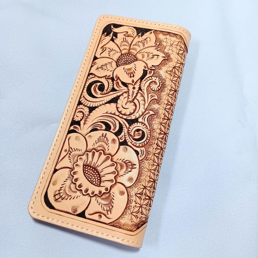 ハンドメイド　レザーカービング　ロングウォレット　長財布　きなり