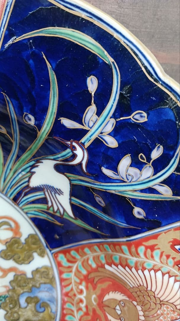時代物古伊万里色絵錦手金襴手金彩【雲龍鳳凰？鷺図】大皿　冨貴長春　江戸期時代箱付