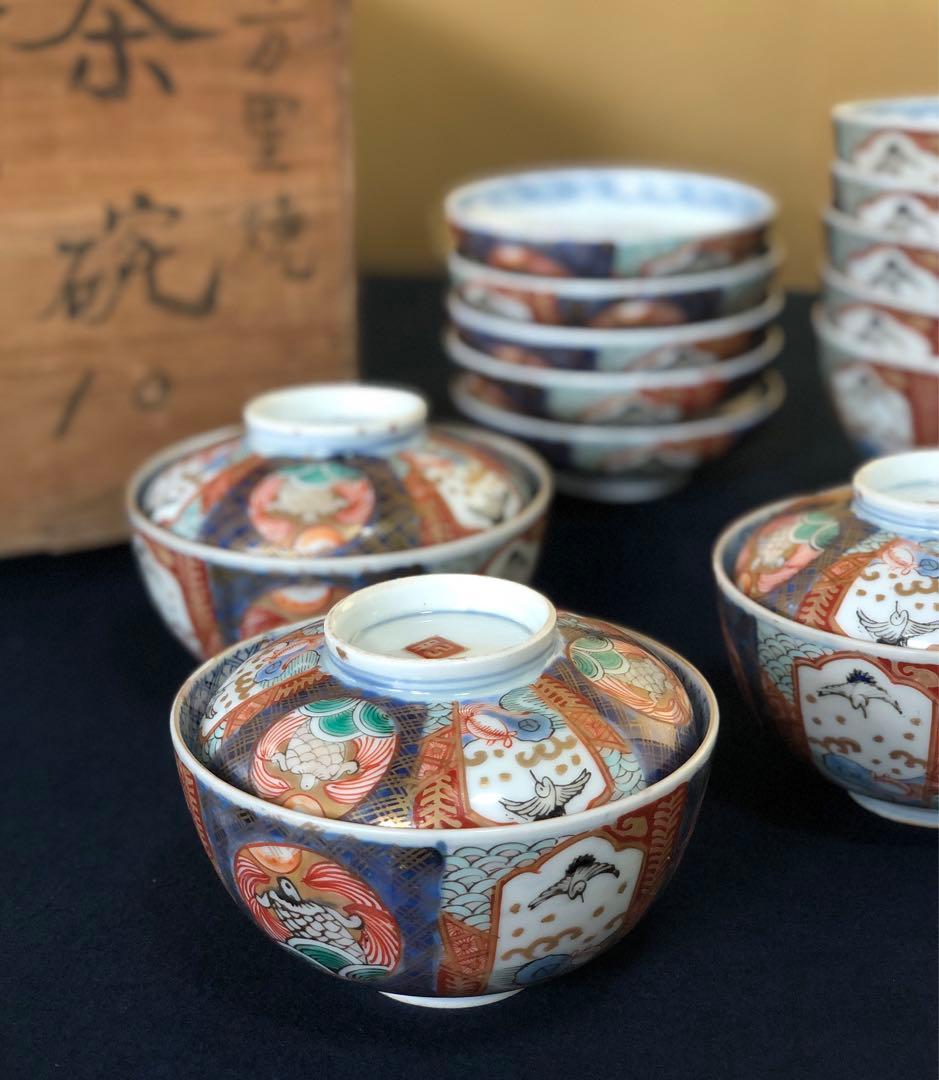 《レ》伊万里 錦手 蓋茶碗8客 金彩 時代 木箱　251104う3