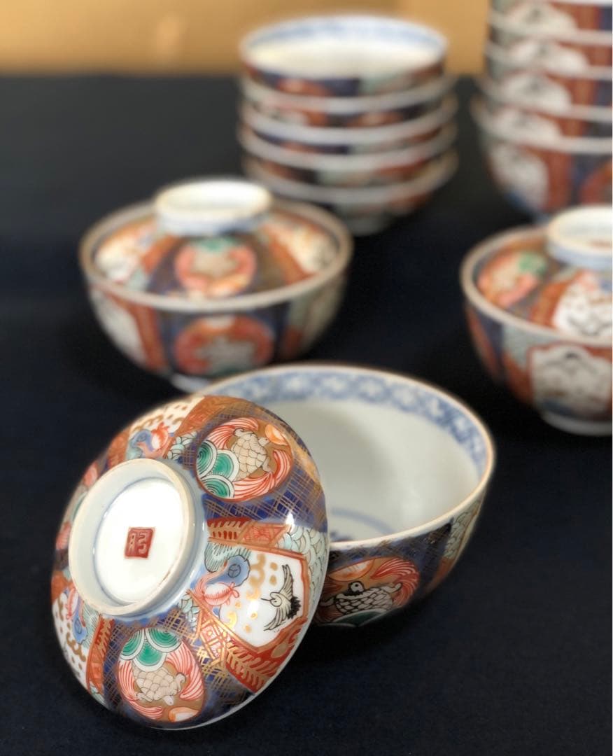 《レ》伊万里 錦手 蓋茶碗8客 金彩 時代 木箱　251104う3