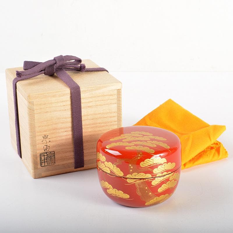 茶道具　朱塗　斎藤宗甫造　松蒔絵　棗　共箱　V　6192