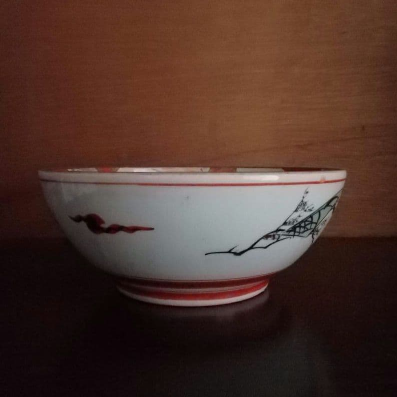九谷焼　赤絵　鉢　手描き　人物　花鳥図　窓絵　明治　大正ロマン　和骨董