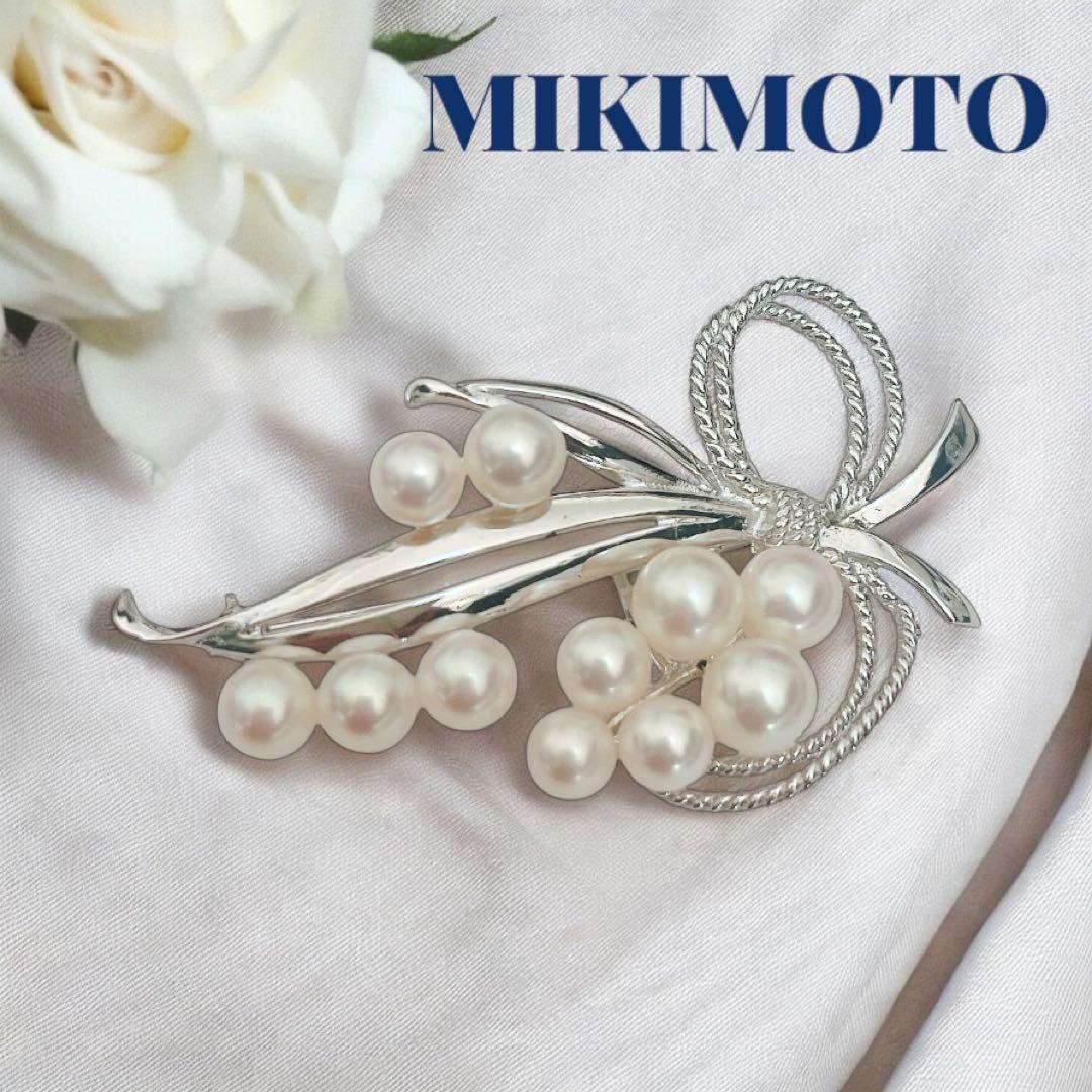 【極美品】MIKIMOTO パールブローチ 11珠 リボン シルバー あこや真珠