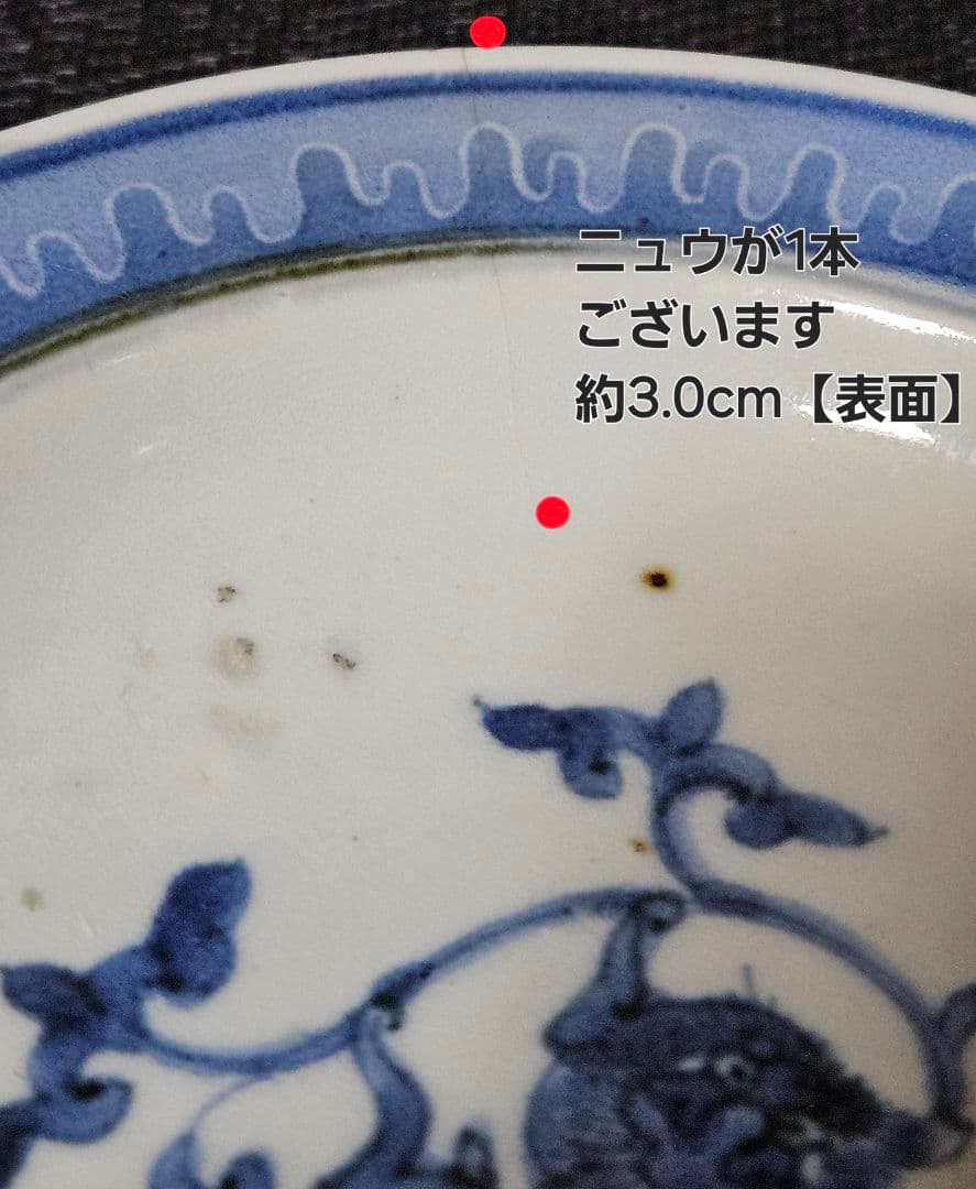 【本物保証❗️】江戸時代前期　藍九谷　獅子に唐草文様　墨弾技法縁　14.0cm皿