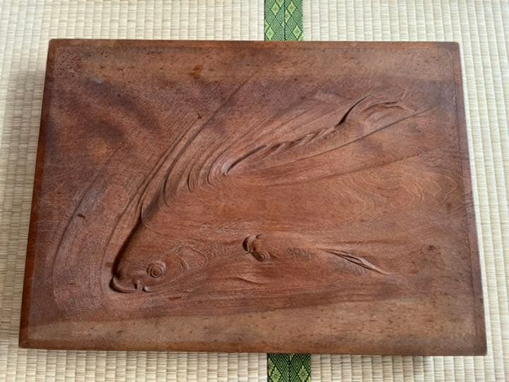 鯉　木彫　欅の板　レリーフ