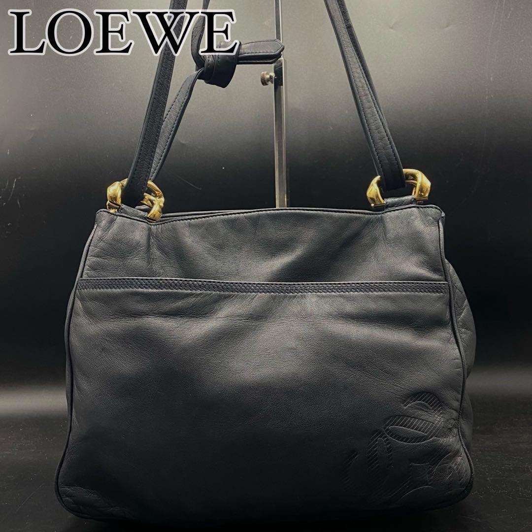 【美品】ロエベ アナグラム ショルダーバッグ ブラック レザー