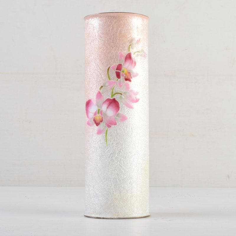 七宝焼　桃釉　花文　花瓶　箱付　V　9150