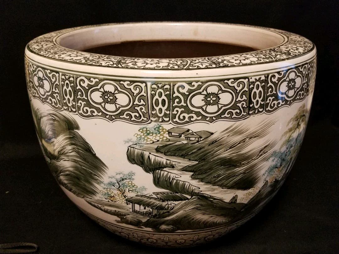 特大 火鉢 黒染付 骨董品 陶器 ガーデニング 金魚鉢 メダカ 水槽